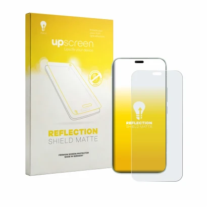 Parte frontal de un envase de producto con el logotipo de la marca upscreen. Al lado se muestra el dispositivo Honor 600e con