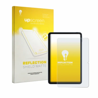 Parte frontal de un envase de producto con el logotipo de la marca upscreen. Al lado se muestra el dispositivo Xiaomi Poco Pad