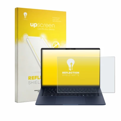 Parte frontal de un envase de producto con el logotipo de la marca upscreen. Al lado se muestra el dispositivo HP EliteBook X