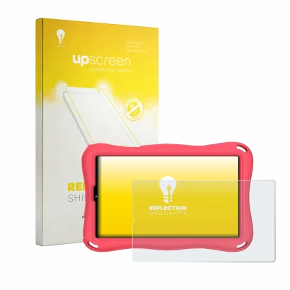 Parte frontal de un envase de producto con el logotipo de la marca upscreen. Al lado se muestra el dispositivo Suaat S11 9" co