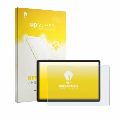 Parte frontal de un envase de producto con el logotipo de la marca upscreen. Al lado se muestra el dispositivo Blackview Tabwe