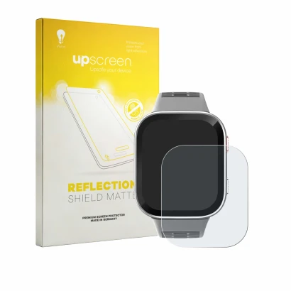 Parte frontal de un envase de producto con el logotipo de la marca upscreen. Al lado se muestra el dispositivo Amazfit Bip Max