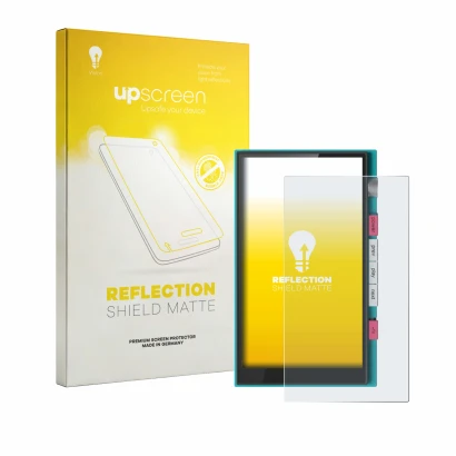 Parte frontal de un envase de producto con el logotipo de la marca upscreen. Al lado se muestra el dispositivo Hiby Digital M5