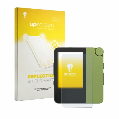 Parte frontal de un envase de producto con el logotipo de la marca upscreen. Al lado se muestra el dispositivo Hiby W4 con su 