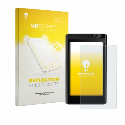 Parte frontal de un envase de producto con el logotipo de la marca upscreen. Al lado se muestra el dispositivo Surfans F35 con