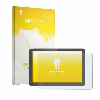 Parte frontal de un envase de producto con el logotipo de la marca upscreen. Al lado se muestra el dispositivo Awow Aibook 11