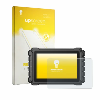 Parte frontal de un envase de producto con el logotipo de la marca upscreen. Al lado se muestra el dispositivo Topdon One con