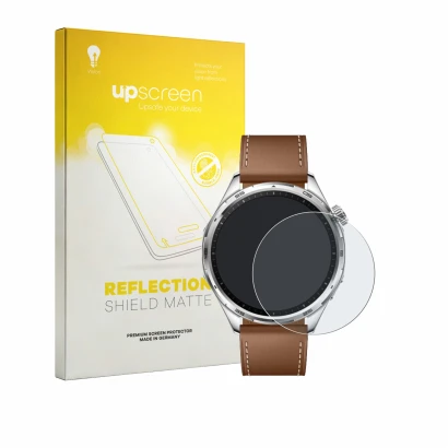 Parte frontal de un envase de producto con el logotipo de la marca upscreen. Al lado se muestra el dispositivo Honor Watch 6 c