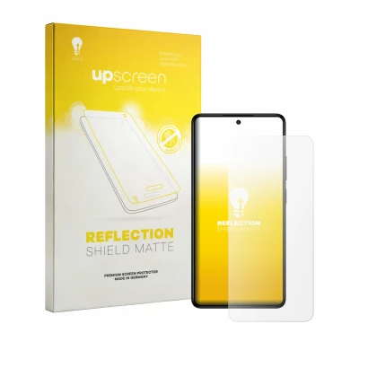 Parte frontal de un envase de producto con el logotipo de la marca upscreen. Al lado se muestra el dispositivo General Mobile