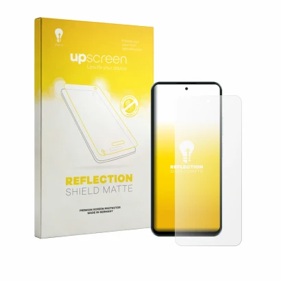 Parte frontal de un envase de producto con el logotipo de la marca upscreen. Al lado se muestra el dispositivo HMD Luma con su
