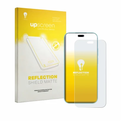 Parte frontal de un envase de producto con el logotipo de la marca upscreen. Al lado se muestra el dispositivo Huawei Nova 16