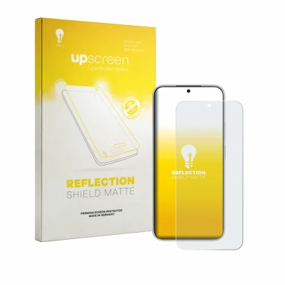Parte frontal de un envase de producto con el logotipo de la marca upscreen. Al lado se muestra el dispositivo Huawei Nova 16z