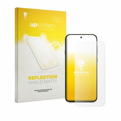 Parte frontal de un envase de producto con el logotipo de la marca upscreen. Al lado se muestra el dispositivo Motorola Edge (