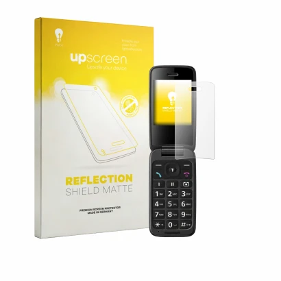 Parte frontal de un envase de producto con el logotipo de la marca upscreen. Al lado se muestra el dispositivo Panasonic KX-TU