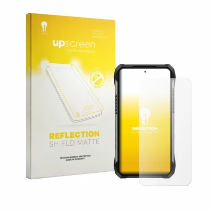 Parte frontal de un envase de producto con el logotipo de la marca upscreen. Al lado se muestra el dispositivo Unihertz 8849 T