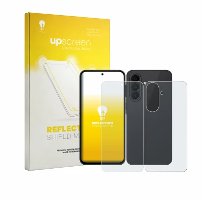 Parte frontal de un envase de producto con el logotipo de la marca upscreen. Al lado se muestra el dispositivo Samsung Galaxy 