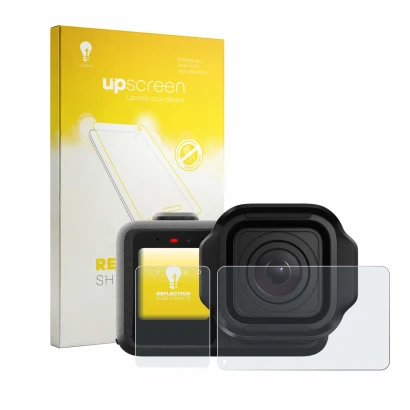 Parte frontal de un envase de producto con el logotipo de la marca upscreen. Al lado se muestra el dispositivo GoPro Mission 1