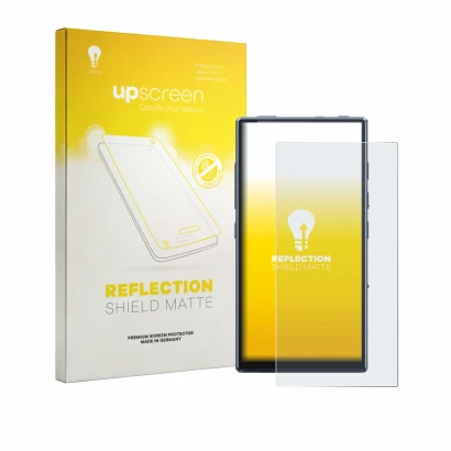 Parte frontal de un envase de producto con el logotipo de la marca upscreen. Al lado se muestra el dispositivo FiiO M33 R2R co