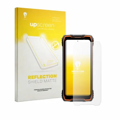 Parte frontal de un envase de producto con el logotipo de la marca upscreen. Al lado se muestra el dispositivo Blackview Rock