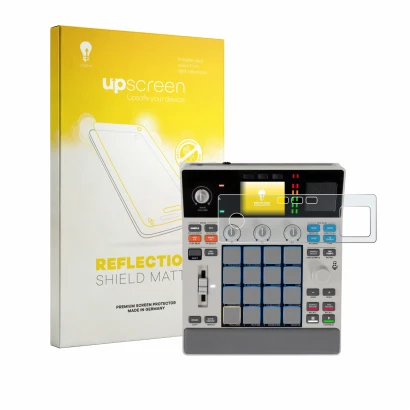 Parte frontal de un envase de producto con el logotipo de la marca upscreen. Al lado se muestra el dispositivo Akai MPC Sample