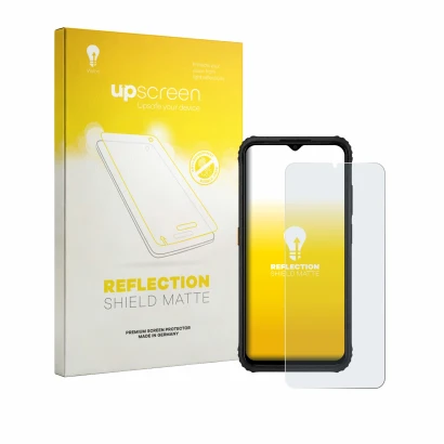 Parte frontal de un envase de producto con el logotipo de la marca upscreen. Al lado se muestra el dispositivo AGM H6 con su p