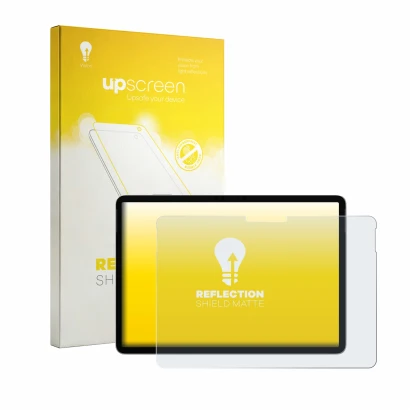 Parte frontal de un envase de producto con el logotipo de la marca upscreen. Al lado se muestra el dispositivo Microsoft Surfa