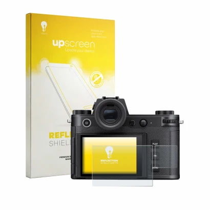 Parte frontal de un envase de producto con el logotipo de la marca upscreen. Al lado se muestra el dispositivo Leica SL3-P (Pa