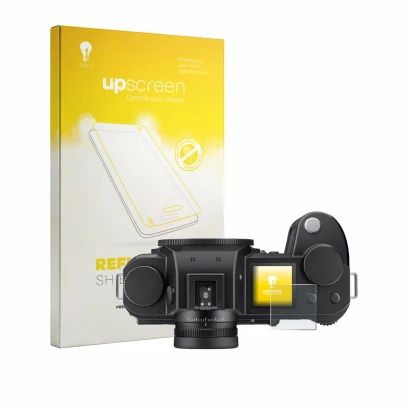 Parte frontal de un envase de producto con el logotipo de la marca upscreen. Al lado se muestra el dispositivo Leica SL3-P (pa