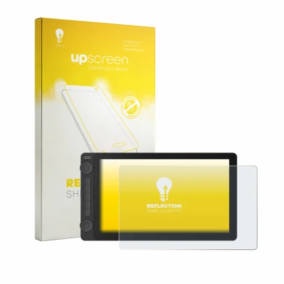 Parte frontal de un envase de producto con el logotipo de la marca upscreen. Al lado se muestra el dispositivo Huion Kamvas 13