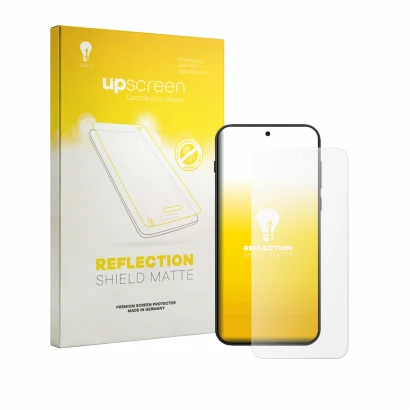 Parte frontal de un envase de producto con el logotipo de la marca upscreen. Al lado se muestra el dispositivo OnePlus N6 con