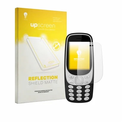 Parte frontal de un envase de producto con el logotipo de la marca upscreen. Al lado se muestra el dispositivo Karbonn K32N co