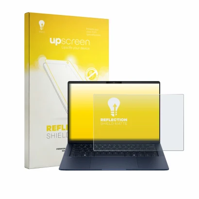 Parte frontal de un envase de producto con el logotipo de la marca upscreen. Al lado se muestra el dispositivo HP EliteBook X 