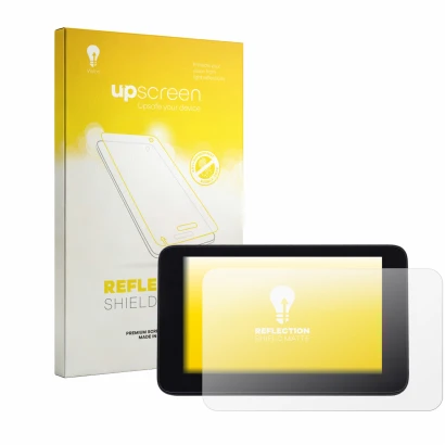 Parte frontal de un envase de producto con el logotipo de la marca upscreen. Al lado se muestra el dispositivo QJ Motor SRT 90