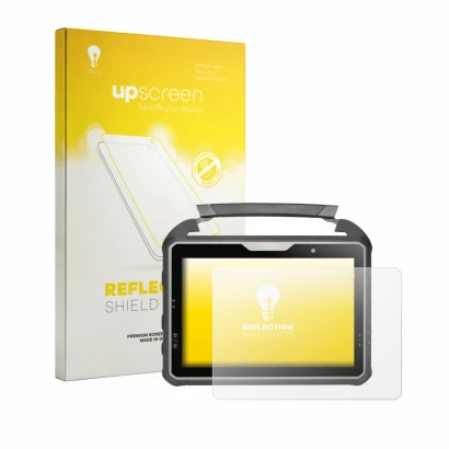 Parte frontal de un envase de producto con el logotipo de la marca upscreen. Al lado se muestra el dispositivo DT Research DT3
