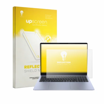 Parte frontal de un envase de producto con el logotipo de la marca upscreen. Al lado se muestra el dispositivo Dell 16S con su