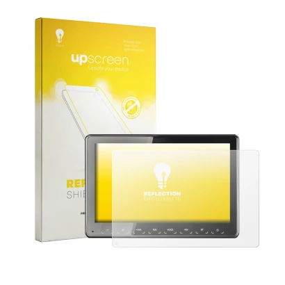 Parte frontal de un envase de producto con el logotipo de la marca upscreen. Al lado se muestra el dispositivo Zenec Z-N975 co