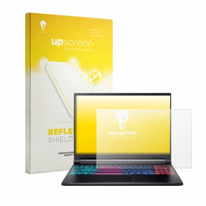 Parte frontal de un envase de producto con el logotipo de la marca upscreen. Al lado se muestra el dispositivo Acer Nitro V16S