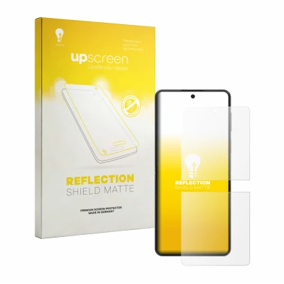 Parte frontal de un envase de producto con el logotipo de la marca upscreen. Al lado se muestra el dispositivo Samsung Galaxy