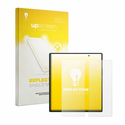 Parte frontal de un envase de producto con el logotipo de la marca upscreen. Al lado se muestra el dispositivo Samsung Galaxy