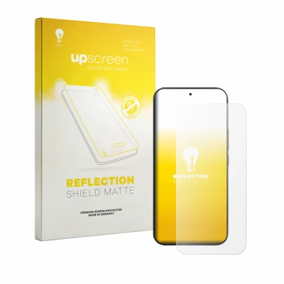 Parte frontal de un envase de producto con el logotipo de la marca upscreen. Al lado se muestra el dispositivo Xiaomi Redmi K1