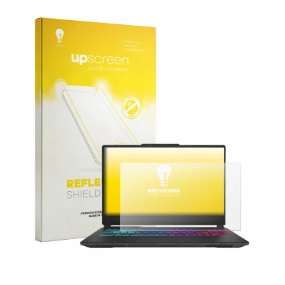 Parte frontal de un envase de producto con el logotipo de la marca upscreen. Al lado se muestra el dispositivo MSI Cyborg 15 A