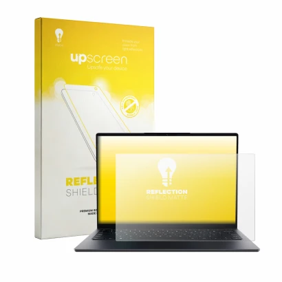 Parte frontal de un envase de producto con el logotipo de la marca upscreen. Al lado se muestra el dispositivo Chuwi UniBook c