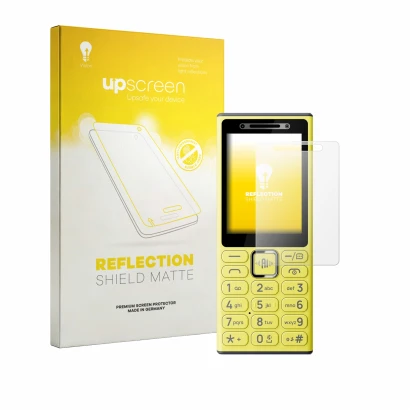 Parte frontal de un envase de producto con el logotipo de la marca upscreen. Al lado se muestra el dispositivo Nokia 200 4G co