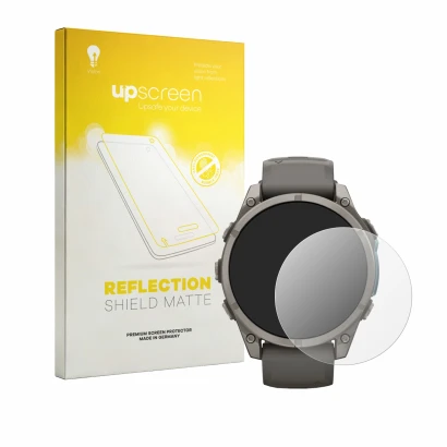 Parte frontal de un envase de producto con el logotipo de la marca upscreen. Al lado se muestra el dispositivo Garmin Fenix 9