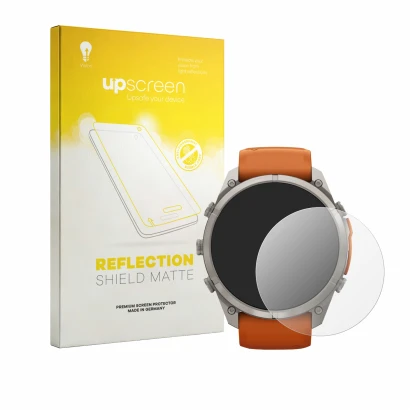 Parte frontal de un envase de producto con el logotipo de la marca upscreen. Al lado se muestra el dispositivo Garmin Fenix 9