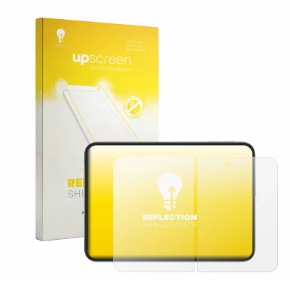 Parte frontal de un envase de producto con el logotipo de la marca upscreen. Al lado se muestra el dispositivo Apple iPhone Du