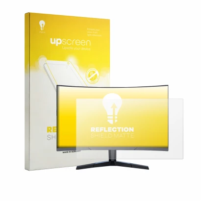 Parte frontal de un envase de producto con el logotipo de la marca upscreen. Al lado se muestra el dispositivo Koorui 24E6CA c