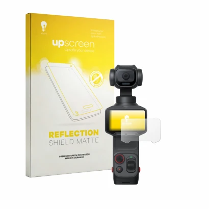 Parte frontal de un envase de producto con el logotipo de la marca upscreen. Al lado se muestra el dispositivo Insta360 Luna P