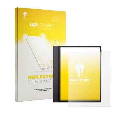 Parte frontal de un envase de producto con el logotipo de la marca upscreen. Al lado se muestra el dispositivo Boox Note Air 6