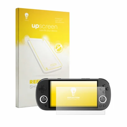 Parte frontal de un envase de producto con el logotipo de la marca upscreen. Al lado se muestra el dispositivo Trimui Smart Pr